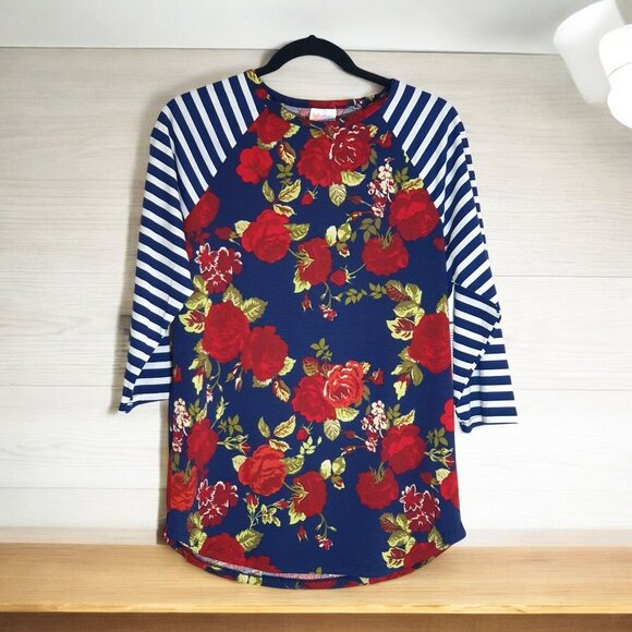LuLaRoe Randy M Women Floral Rose Striped Raglan Sleeve Top Blouse Casual Blue - Picture 1 of 8